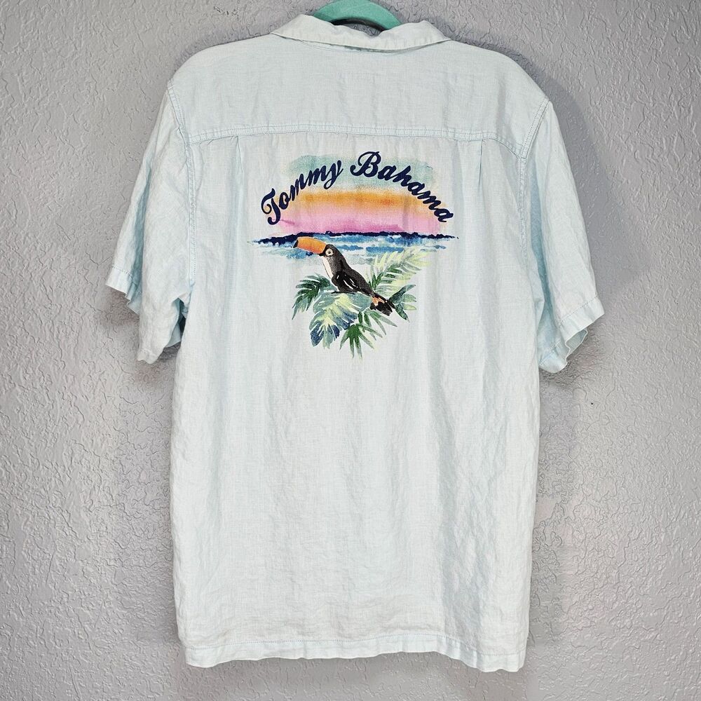 Tommy Bahama Toucan Sunset 100% Linen Camp Shirt Light Blue Size L